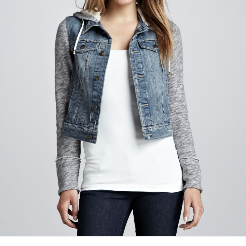 Free People Distressed Hoodie Denim Jacket